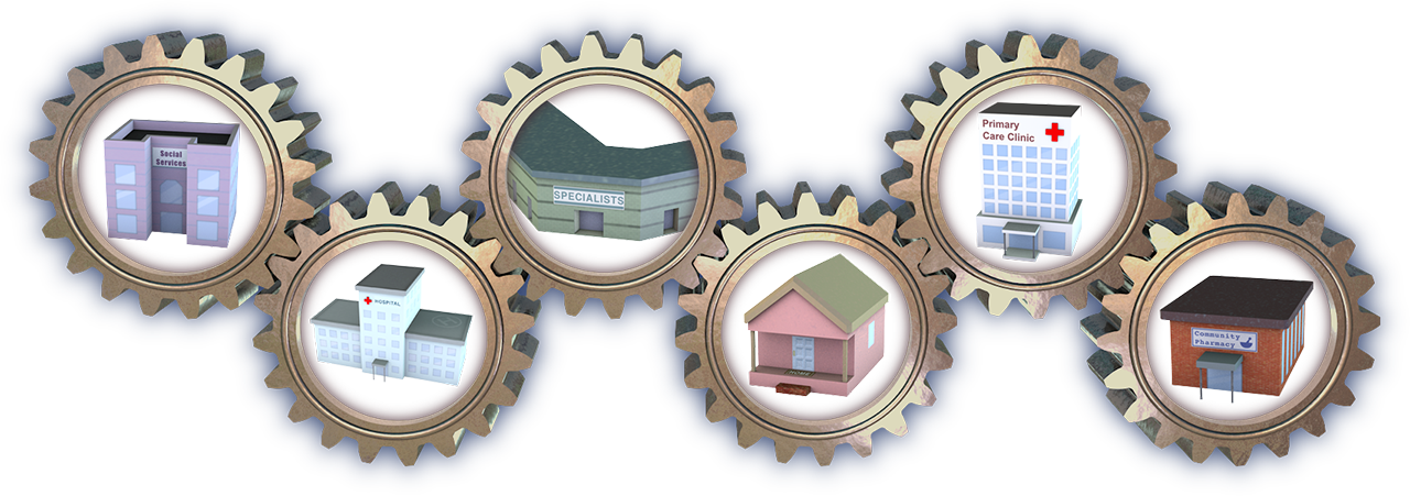The components of the team-based care community represented as interlocking gears